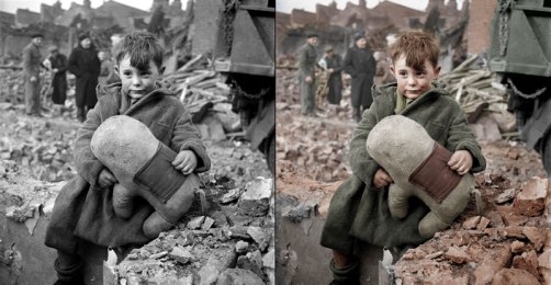 This is a photo of a child who was orphaned by the war sitting in the aftermath of the disaster. London 1945.  Taken from the article on adding digital editing techniques to historical photojournalism. 